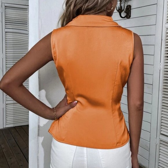 Orange Satin Shawl Collar Asymmetrical Hem Blouse - Picture 5 of 7